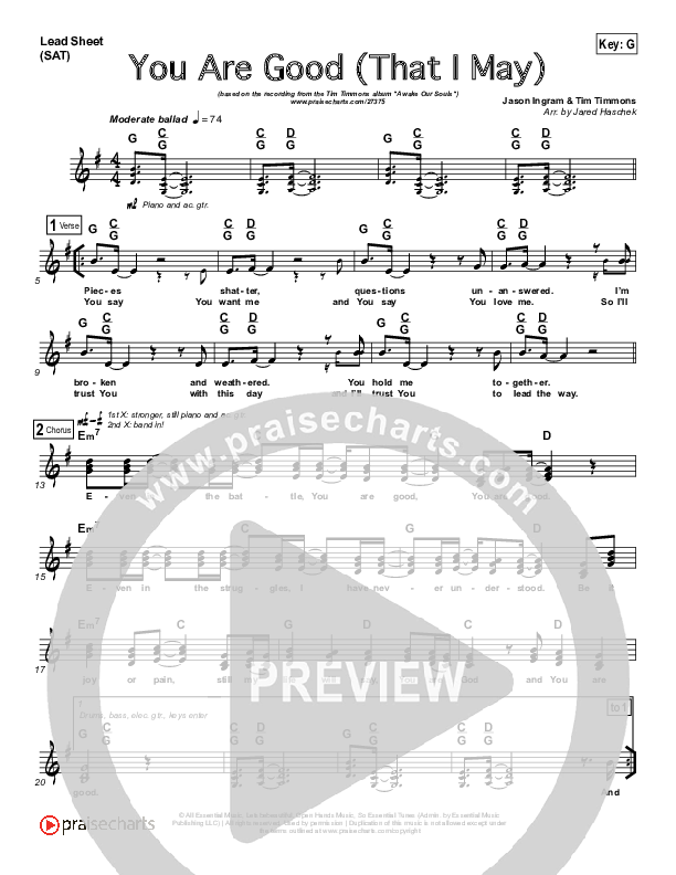 You Are Good (That I May) Lead Sheet (SAT) (Tim Timmons)