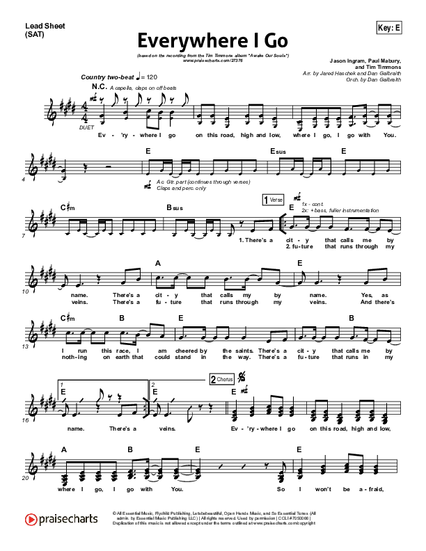 Everywhere I Go Lead Sheet (SAT) (Tim Timmons)
