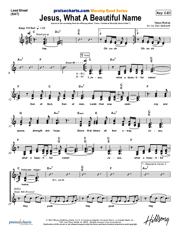 Jesus What A Beautiful Name Lead Sheet (Hillsong Worship)