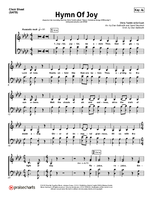 Hymn Of Joy Choir Sheet (SATB) (Chris Tomlin)