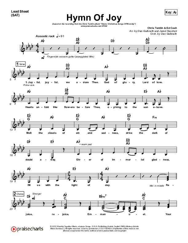 Hymn Of Joy Lead Sheet (SAT) (Chris Tomlin)