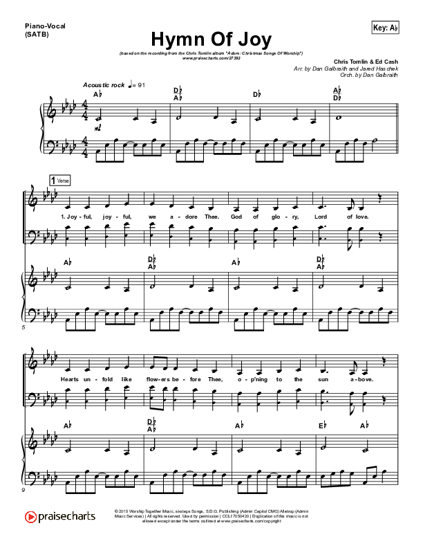Hymn Of Joy Piano/Vocal Pack (Chris Tomlin)