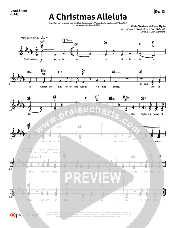 A Christmas Alleluia Lead Sheet (SAT) (Chris Tomlin / Lauren Daigle / Leslie Jordan)