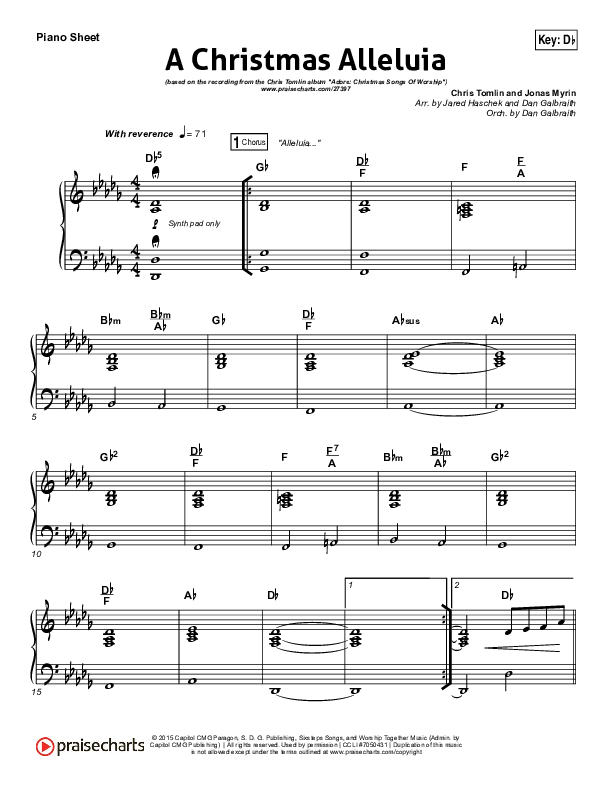 A Christmas Alleluia Piano Sheet (Chris Tomlin / Lauren Daigle / Leslie Jordan)