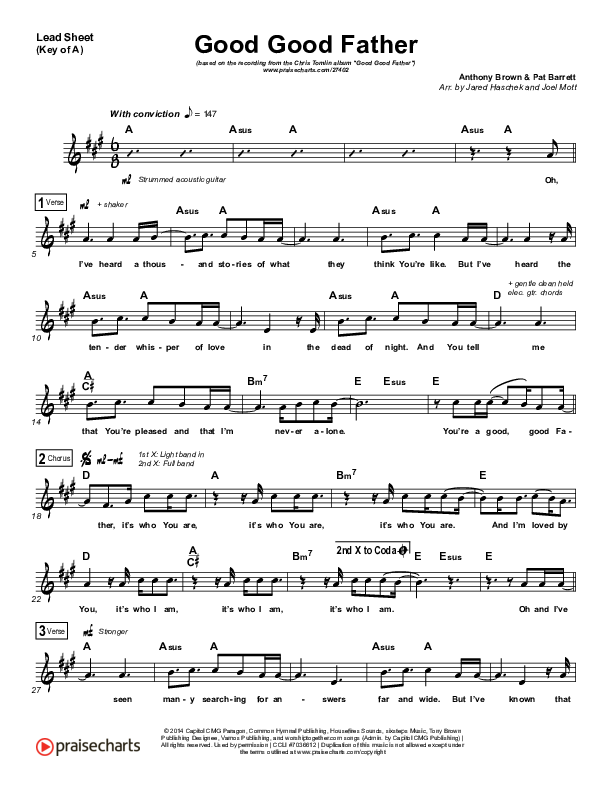 Good Good Father Lead Sheet (Melody) (Chris Tomlin)