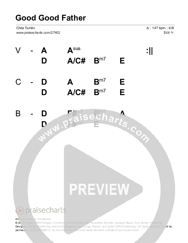 Good Good Father Stage Chart (Chris Tomlin)