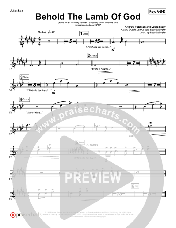 Behold The Lamb Of God Alto Sax (Laura Story / Brandon Heath)