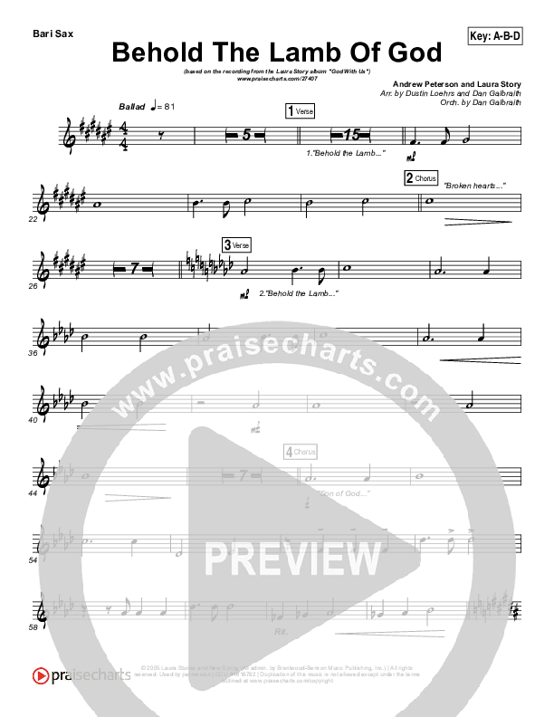 Behold The Lamb Of God Bari Sax (Laura Story / Brandon Heath)