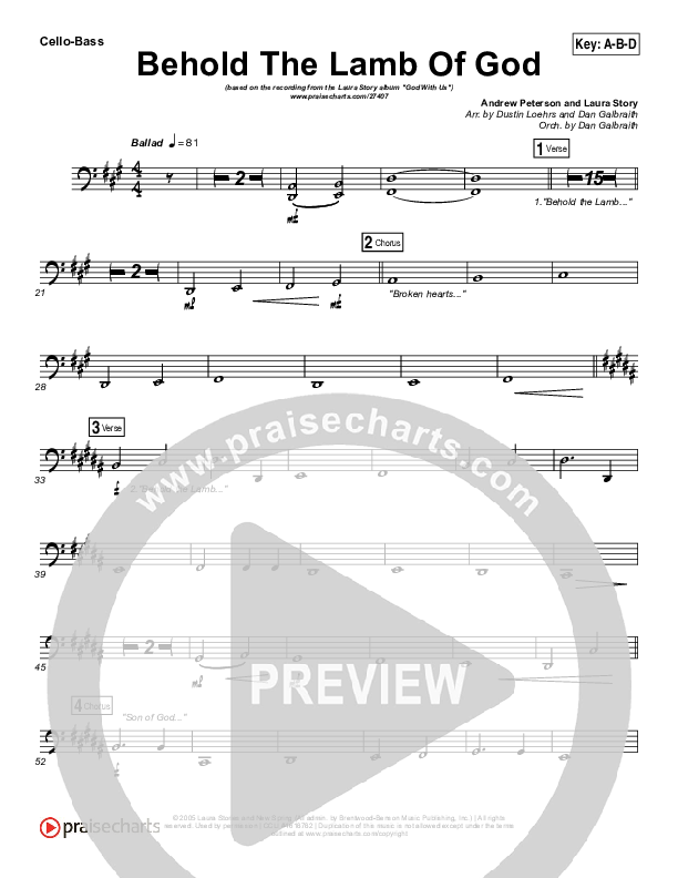 Behold The Lamb Of God Cello/Bass (Laura Story / Brandon Heath)