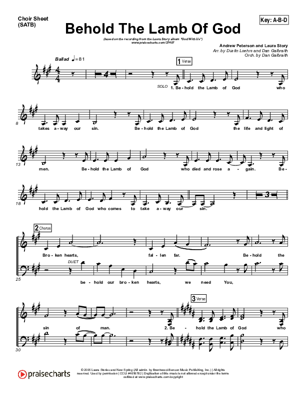 Behold The Lamb Of God Choir Vocals (SATB) (Laura Story / Brandon Heath)