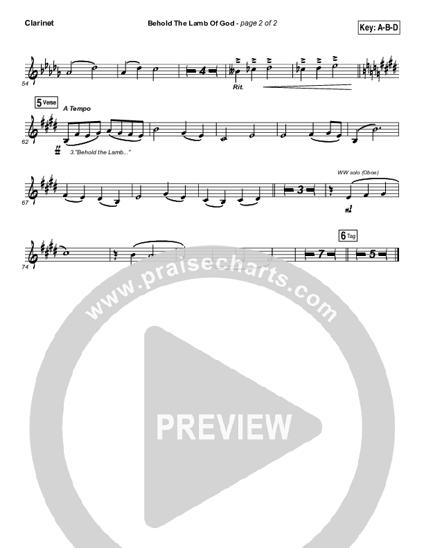 Behold The Lamb Of God Clarinet (Laura Story / Brandon Heath)