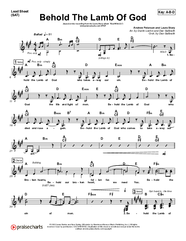 Behold The Lamb Of God Lead Sheet (SAT) (Laura Story / Brandon Heath)