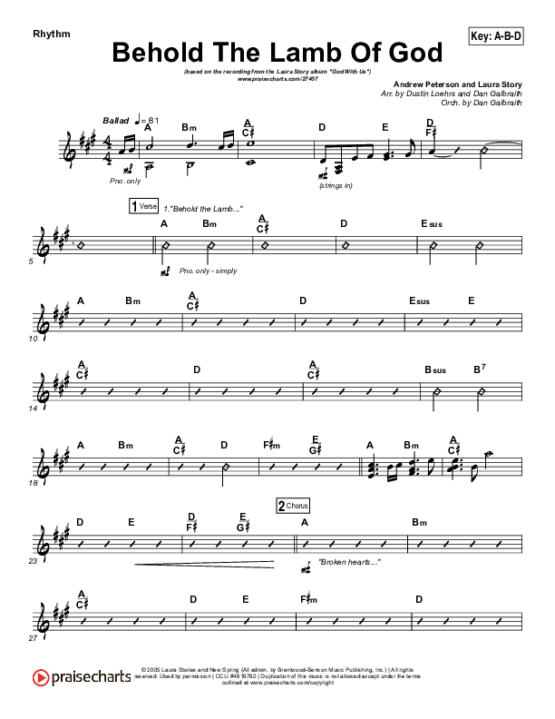 Behold The Lamb Of God Rhythm Chart (Laura Story / Brandon Heath)