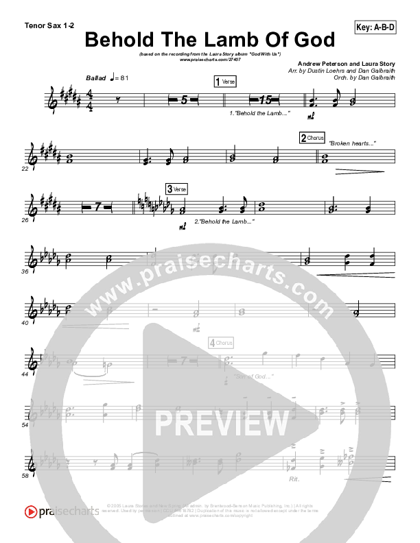 Behold The Lamb Of God Tenor Sax 1/2 (Laura Story / Brandon Heath)