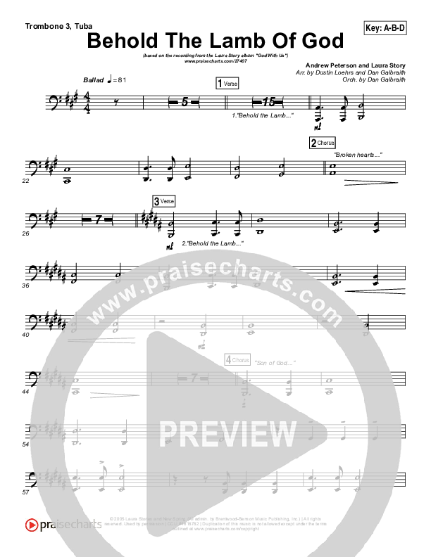 Behold The Lamb Of God Trombone 3/Tuba (Laura Story / Brandon Heath)