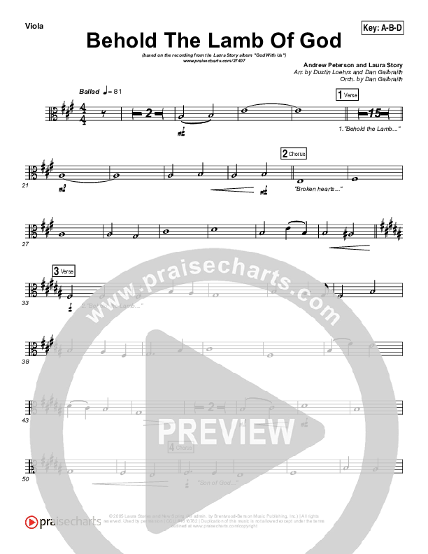 Behold The Lamb Of God Viola (Laura Story / Brandon Heath)