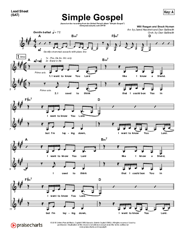 Simple Gospel Lead Sheet (SAT) (United Pursuit)