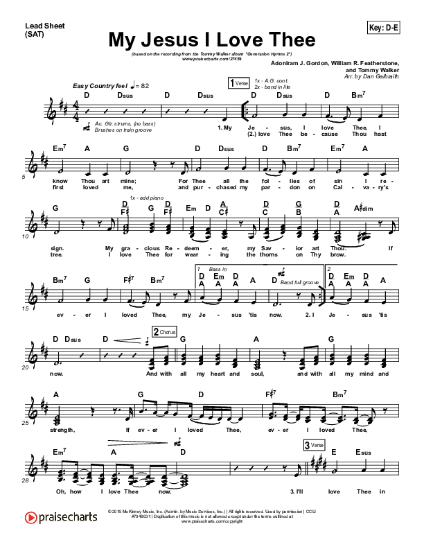 My Jesus I Love Thee Lead Sheet (SAT) (Tommy Walker)