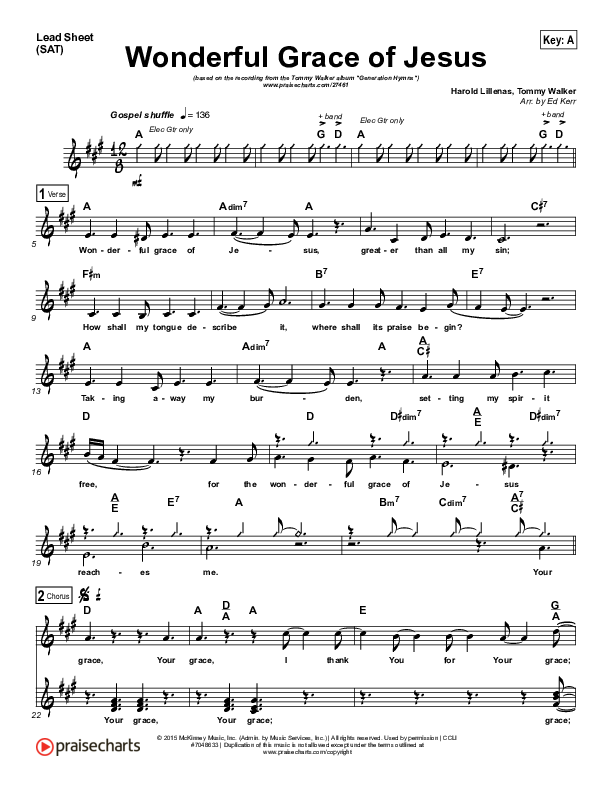 Wonderful Grace Of Jesus Lead Sheet (SAT) (Tommy Walker)