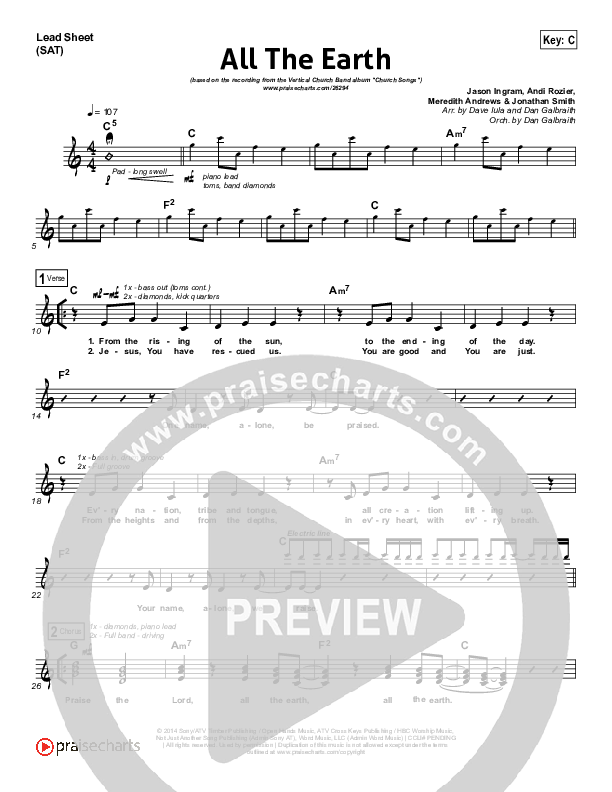 All The Earth (Choral Anthem SATB) Lead Sheet (SAT) (Vertical Worship / Arr. Richard Kingsmore)