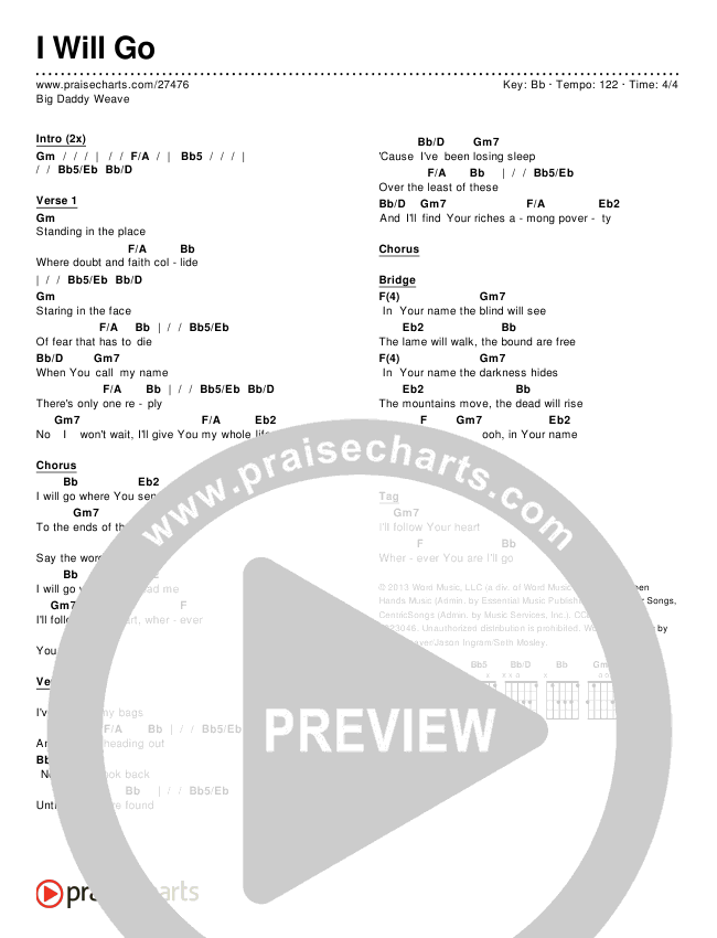 I Will Go Chords & Lyrics (Big Daddy Weave)