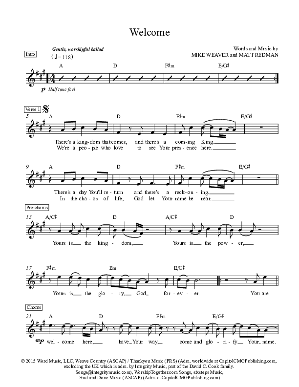 Welcome Lead Sheet (Big Daddy Weave)