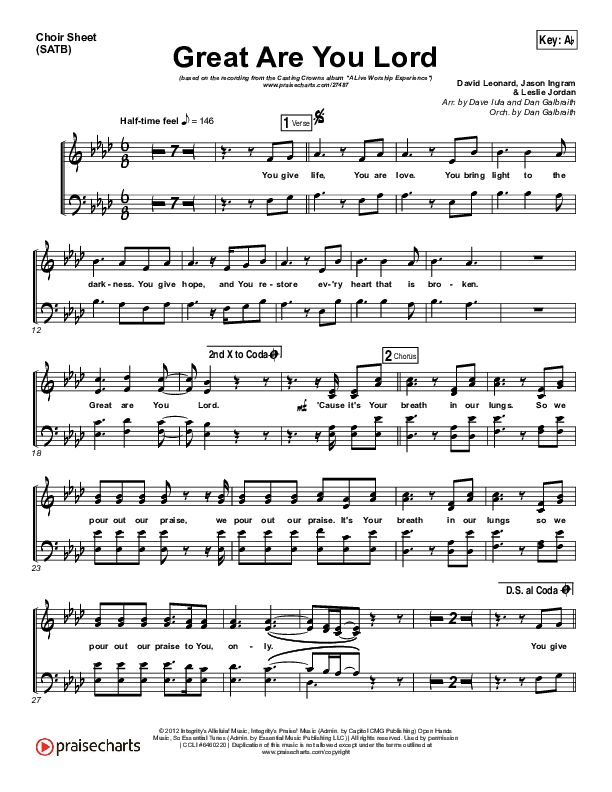 Great Are You Lord Choir Sheet (SATB) (Casting Crowns)
