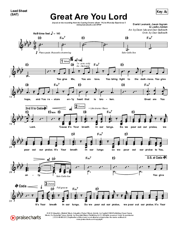 Great Are You Lord Lead Sheet (SAT) (Casting Crowns)