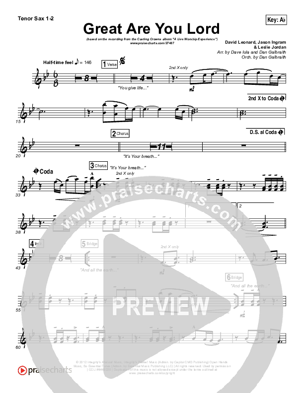 Great Are You Lord Tenor Sax 1/2 (Casting Crowns)