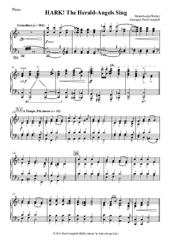 Hark The Herald-Angels Sing (with Fanfare and Descant) Piano Sheet (The New Irish Choir And Orchestra)