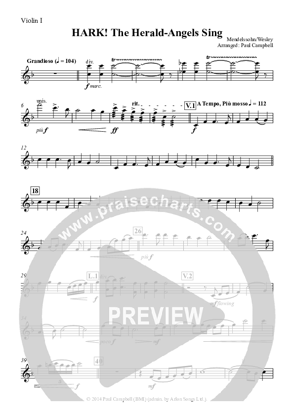 Hark The Herald-Angels Sing (with Fanfare and Descant) Violin 1 (The New Irish Choir And Orchestra)