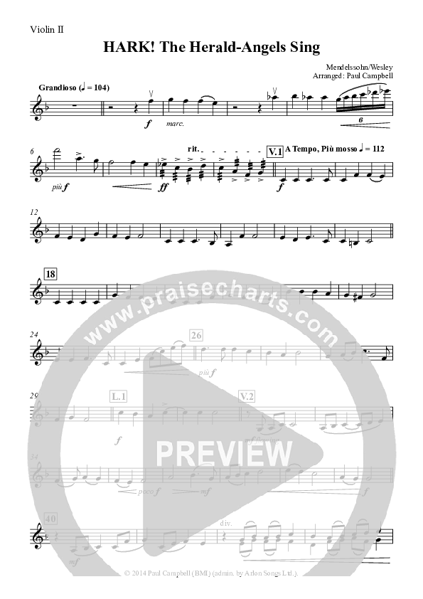 Hark The Herald-Angels Sing (with Fanfare and Descant) Violin 2 (The New Irish Choir And Orchestra)