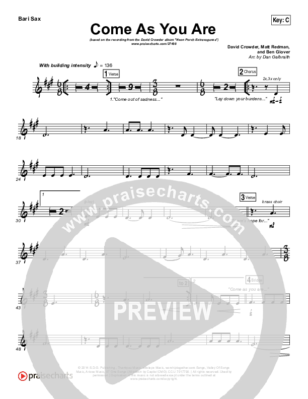 Come As You Are Bari Sax (David Crowder)