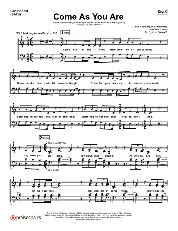Come As You Are Choir Sheet (SATB) (David Crowder)