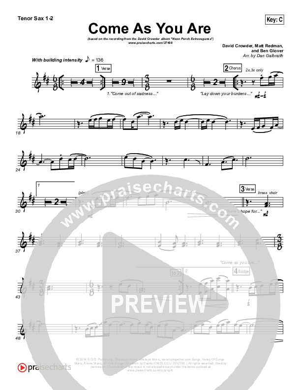Come As You Are Tenor Sax 1/2 (David Crowder)