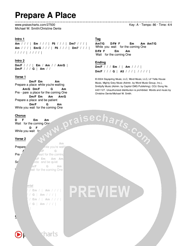 Prepare A Place Chords & Lyrics (Michael W. Smith / Christine Dente)