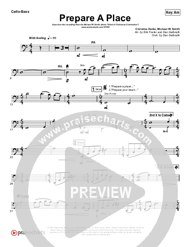 Prepare A Place Cello/Bass (Michael W. Smith / Christine Dente)
