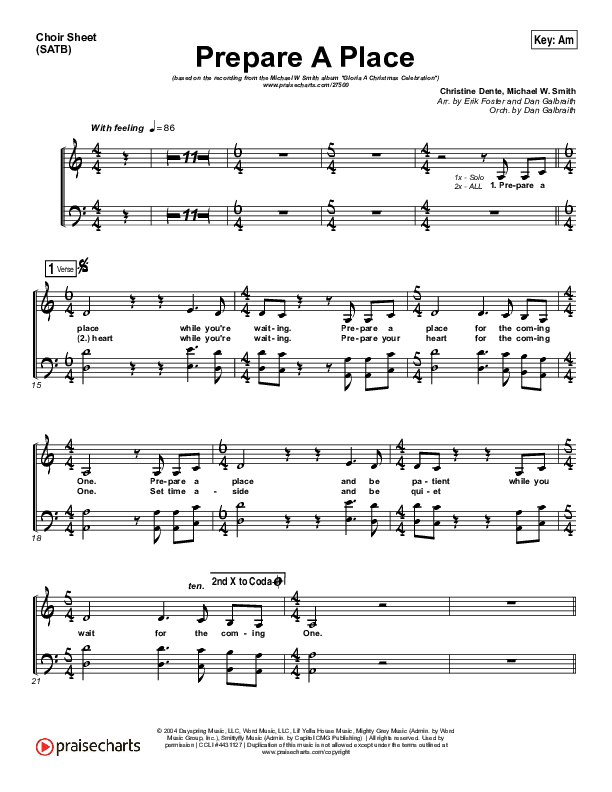 Prepare A Place Choir Sheet (SATB) (Michael W. Smith / Christine Dente)