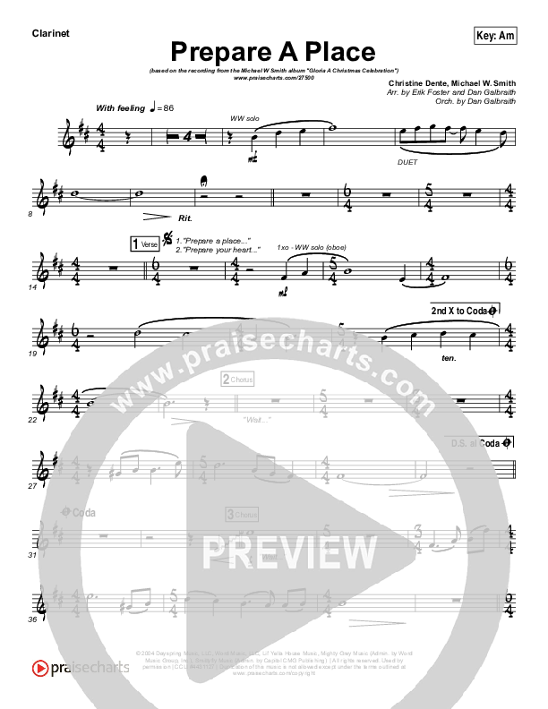 Prepare A Place Clarinet (Michael W. Smith / Christine Dente)