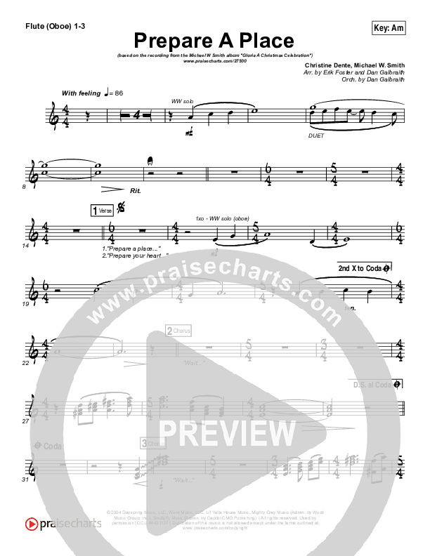 Prepare A Place Flute/Oboe 1/2/3 (Michael W. Smith / Christine Dente)