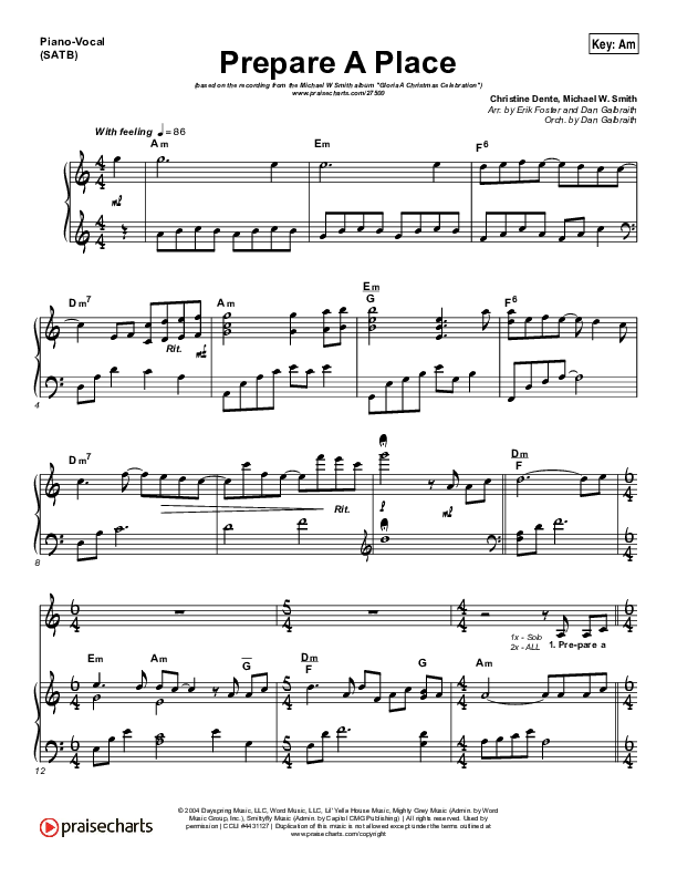 Prepare A Place Piano/Vocal (SATB) (Michael W. Smith / Christine Dente)