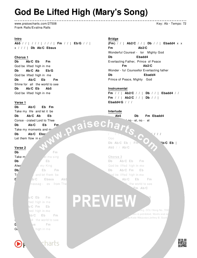 God Be Lifted High (Mary's Song) Chords & Lyrics (Frank Ralls / Evalina Ralls)
