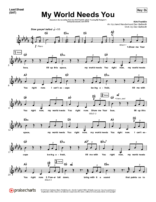 My World Needs You Lead Sheet (SAT) (Kirk Franklin)