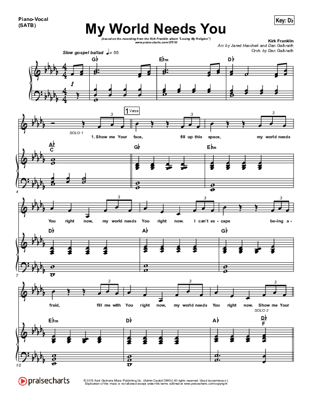 My World Needs You Piano/Vocal (SATB) (Kirk Franklin)