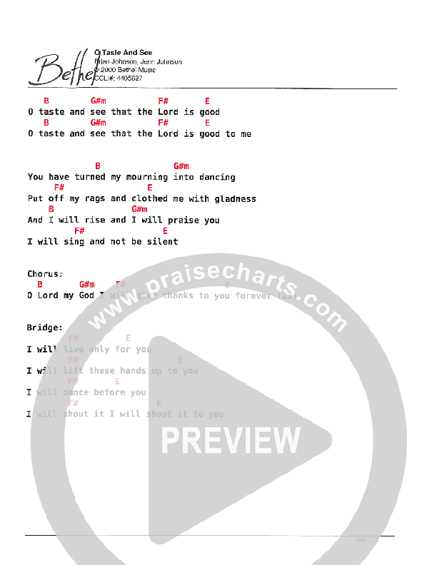 O Taste And See Chord Chart (Bethel Kids)