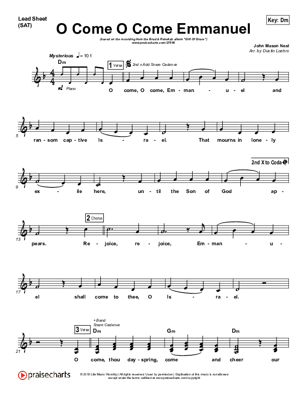 O Come O Come Emmanuel Lead Sheet (Brad & Rebekah)