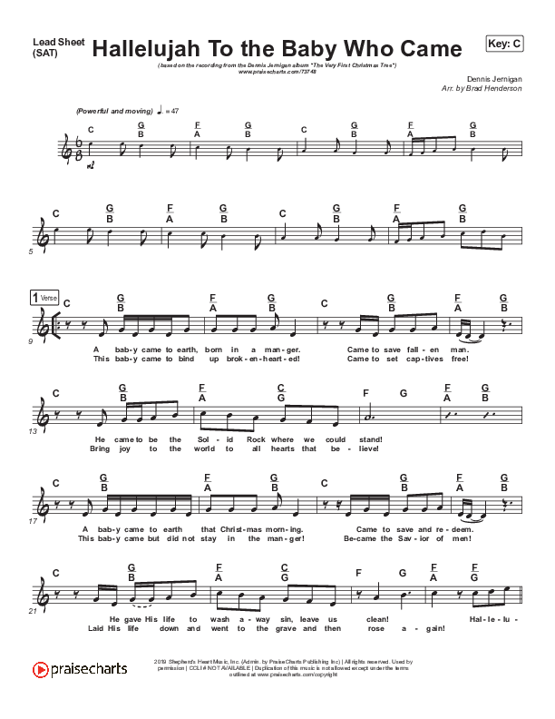 Hallelujah To The Baby Who Came Lead Sheet (SAT) (Dennis Jernigan)
