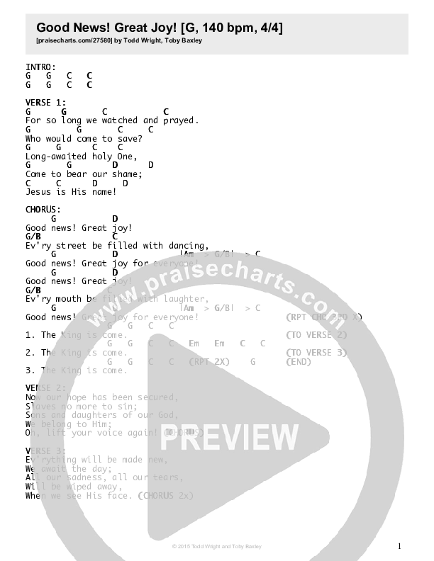Good News Great Joy Chords & Lyrics (Toby Baxley)