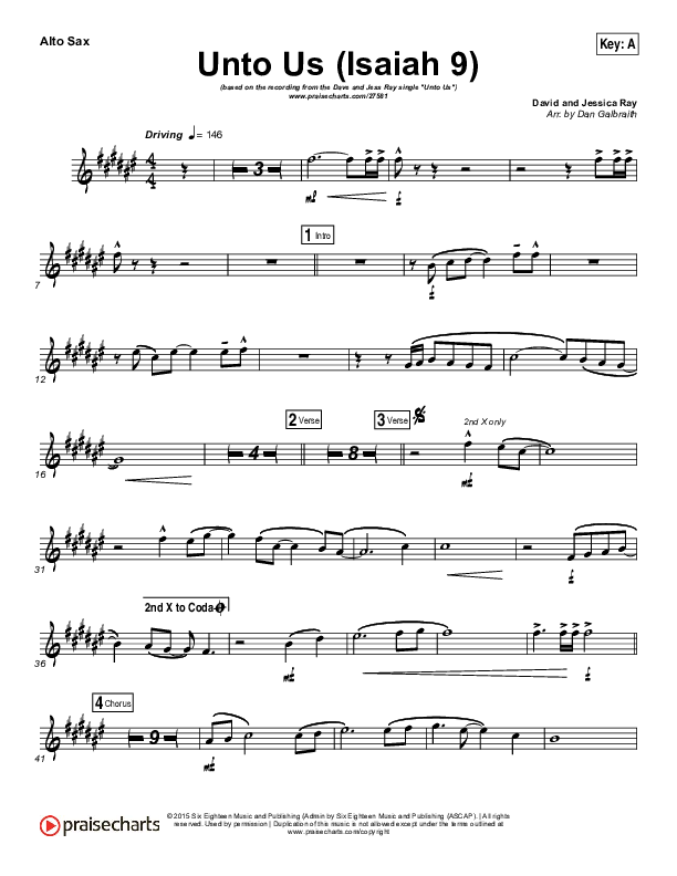 Unto Us (Isaiah 9) Alto Sax (Doorpost Songs / Dave and Jess Ray)