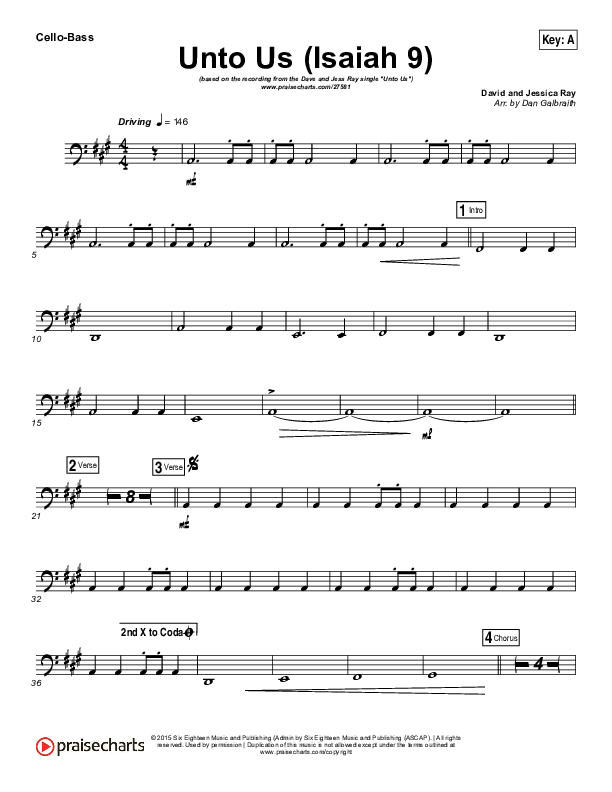 Unto Us (Isaiah 9) Cello/Bass (Doorpost Songs / Dave and Jess Ray)